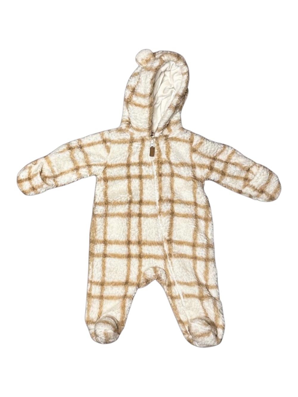 Carter's Cream and Tan Plaid Plush Hooded One-Piece